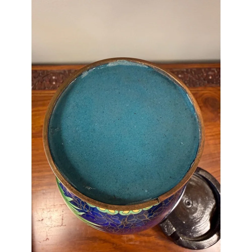 Vintage Cloisonné Vase with Carved Wood Stand